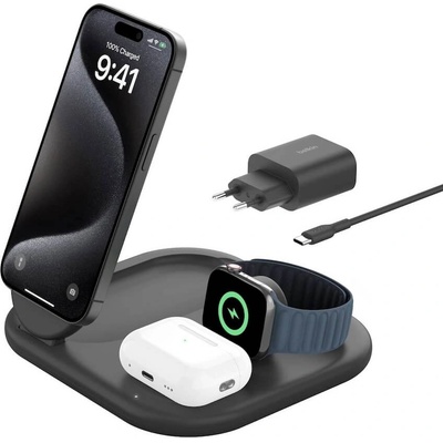 Belkin BoostCharge 3-in-1 Qi2 Magnetic Wireless Charging Stand 15W - тройна поставка (пад) за безжично зареждане за iPhone с MagSafe, Apple Watch, AirPods Pro и Qi съвместими мобилни устройс