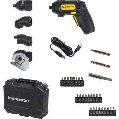 Отвертка акумулаторна 4в1, TopMaster 279920 Compact, 1.5Ah, 5.5Nm, с приставки и битове (279920)