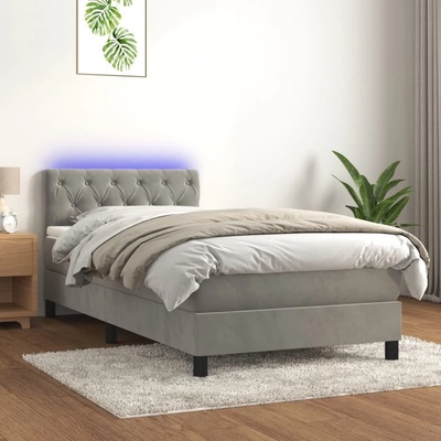 vidaXL Боксспринг легло с матрак и LED, светлосиво, 80x200 см, кадифе (3134549)