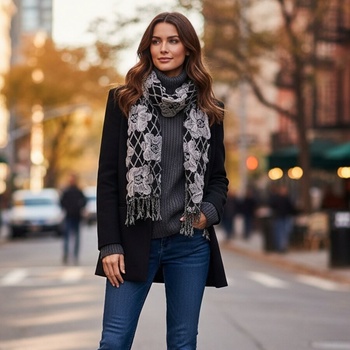 Дамски шал в черно с бели цветя