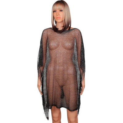 Черна мрежеста туника за плаж с ресни