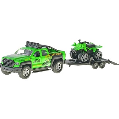 Mikro Автомобил офроуд 13см метален с обратно движение с ремарке и atv на батерии със светлина и звук