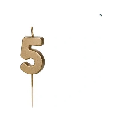 PartyDeco svíčka zlatá na špejli číslo 5