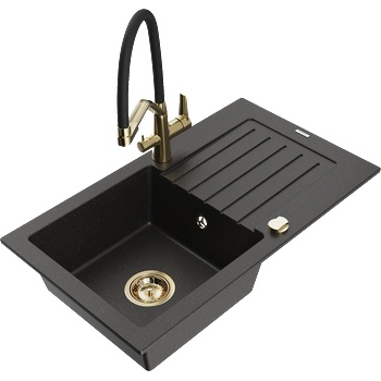 Mexen Pablo кухненска мивка еднокамерна с плот и кухненски смесител Duo, черен/златист металик - 6510-75-671701-57-G (6510-75-671701-57-G)