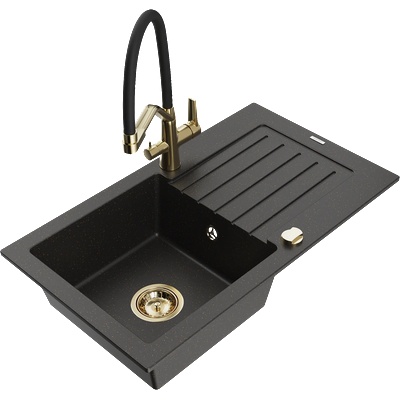 Mexen Pablo кухненска мивка еднокамерна с плот и кухненски смесител Duo, черен/златист металик - 6510-75-671701-57-G (6510-75-671701-57-G)