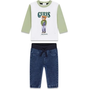 Guess Двуцветна блуза в бяло и зелено с мече и дънки за бебе момче Guess