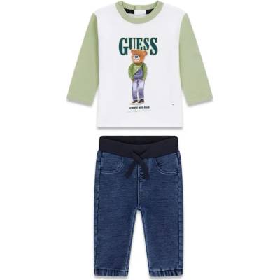Guess Двуцветна блуза в бяло и зелено с мече и дънки за бебе момче Guess