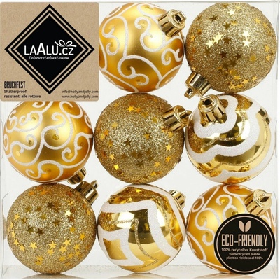 LAALU Sada 9 ks ozdob: Ozdoby kulaté zlaté mix 6 cm