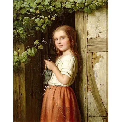 Obrazy - Meyer von Bremen, Johann Georg: Young Girl Standing in a Doorway Knitting - reprodukce obrazu