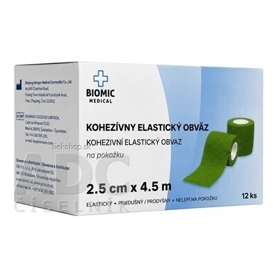 BIOMIC Kohezívny elastický obväz 2,5 cm x 4,5 m zelený 12 ks