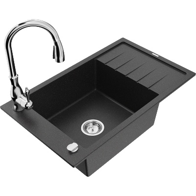 Mexen Elias гранитна мивка с 1 отделение с отцедник и кухненски смесител Savita, черен/сребрист металик- 6511-73-672601-00 (6511-73-672601-00)
