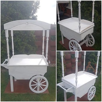 RETRO Candy bar, drevený svadobný vozík na skladkosti, stojan na zákusky, torty, biely