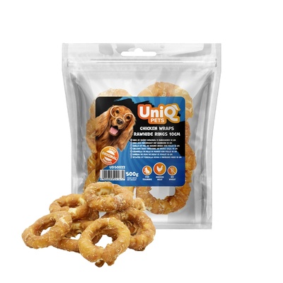Uniq Pets Dog Snacks Rawhide Chicken Wraps Rings дъвчащи рингове за кучета, 10 см, 500 г