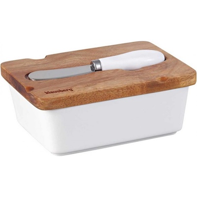 Klausberg Керамична кутия за масло с нож Klausberg KB 7785, Акациево дърво, Неръждаема стомана, Бял/кафяв (KB 7785)