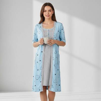 Комплект в синьо и сиво нощница с халат на сърца