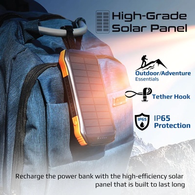 Promate Външна батерия ProMate, SolarTank-10PDQi , PowerBank , Rugged, EcoLight 20W / 3.0 QC 5 in 1 10000mAh - Черна (6959144060385)