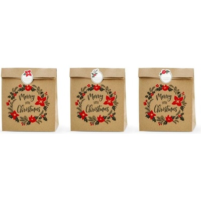 PartyDeco Papierové darčekové tašky Merry christmas (3 ks)