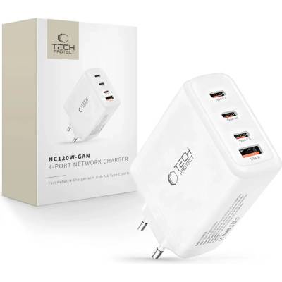 Tech-Protect nc120w-gan 4-портово мрежово зарядно pd 120w / qc3.0 бяло (5906302335923)