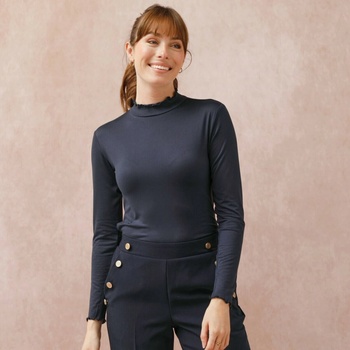 Blancheporte Jednofarebné tričko so stojačikom a zvlneným zakončením nám. modrá