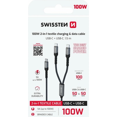 Swissten 72501201 2v1 USB-C 100 W 1,5m černý