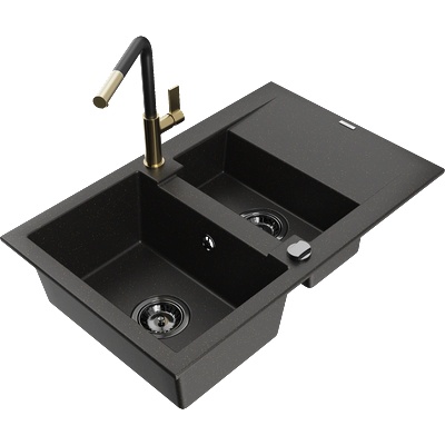 Mexen Gaspar гранитна мивка с 1, 5 камери с отцедник и кухненски смесител Flora, черен/златист - 6507-75-670401-57-B (6507-75-670401-57-B)