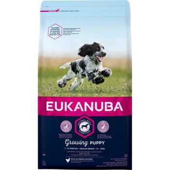 EUKANUBA Dog Puppy Medium - Пълноценна суха храна за подрастващи кучета от средни породи с пилешко месо, 15 кг