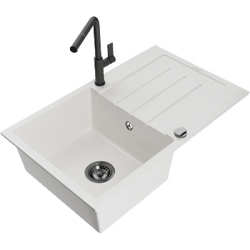 Mexen Bruno гранитна мивка с 1 отделение с отцедник и кухненски смесител Flora, бял - 6513-20-670401-70-B (6513-20-670401-70-B)