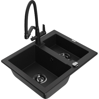 Mexen Carlos гранитна мивка 1, 5-камерна с кухняна батерия Duo, черен - 6518-77-671701-70-B (6518-77-671701-70-B)