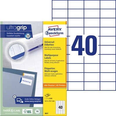 AVERY ZWEVKFORM QuickPEEL 52,5x29,7 mm 40 etiket 100 listů Univerzální etikety A4 bílé