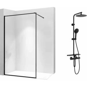 Rea Комплект душ кабина Rea Bler-1 Walk-In, черен 70x195 см и душ колона Rea Mike, черен (5902557337507+5902557343348)