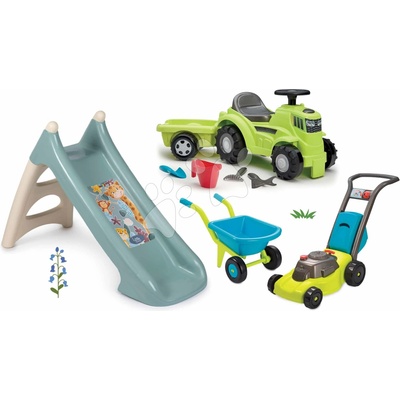 Smoby Set šmykľavka s vlhčením a odrážadlo traktor s prívesom Zvieratká XS Slide Little dĺžka šmyku 90 cm a kosačka s fúrikom