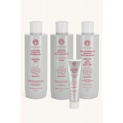 Epiderma Bioaktivní kosmetika CBD micelární voda při akné 300 ml + CBD krém při ekzému 50 ml + CBD sprchový gel 300 ml + CBD krém při akné 30 ml + CBD odličovací voda 300 ml dárková sada