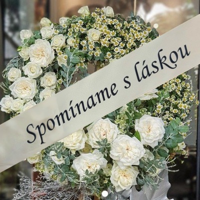 Stuha smútočná SPOMÍNAME S LÁSKOU krémová s čiernym písmom 4 cm / 170 cm