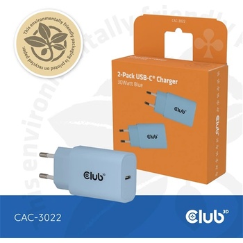 Club 3D Захранващ адаптер Club 3D - CAC-3022 (2 бр. /пакет, 30W USB-C, PD3.0, защита от презареждане, малък размер, син) (CAC-3022)