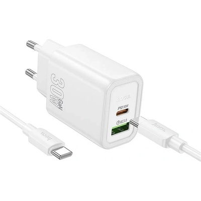 hoco. N63 Променливотоково зарядно устройство USB+Type-C гнездо 30W, PD бързо зарядно устройство 3.0 + Type-C кабел, БЯЛО N63_USB_TYPEC_TYPEC_W (N63_USB_TYPEC_TYPEC_W)