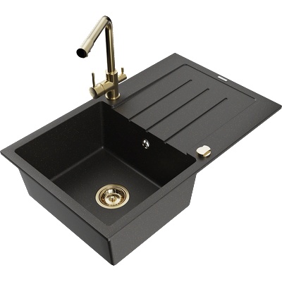 Mexen Bruno гранитна мивка с 1 отделение с дренаж и кухненски смесител Duero, черно/златист металик - 6513-75-671600-50 (6513-75-671600-50)