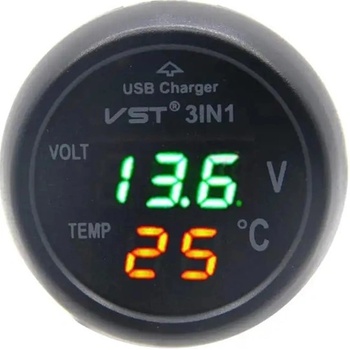 Digitální voltmetr s teploměrem + USB nabíječka do CL zásuvky, 12-24V
