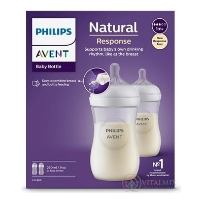 Avent láhve Natural Response průhledná dudlík pro podporu rytmu pití 260 ml 2 ks