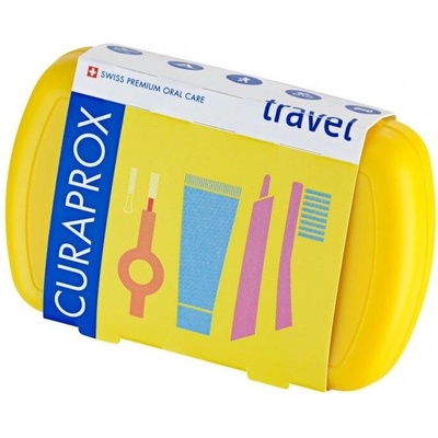 Curaprox Travel Set zubná kefka + CPS medzizubné kefky 2 ks + zubná pasta 10 ml darčeková sada, žltý