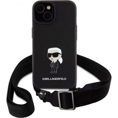Karl Lagerfeld Saffiano Crossbody Metal Ikonik s nastaviteľným popruhom iPhone 15 - čierne