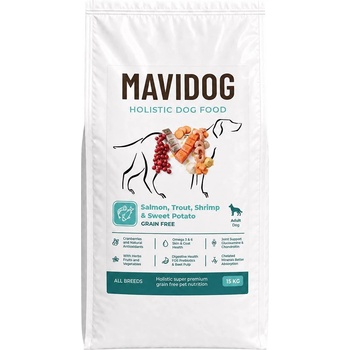 MAVIDOG HOLISTIC GF Adult - Сьомга, пъстърва, скариди и сладки картофи 15 кг