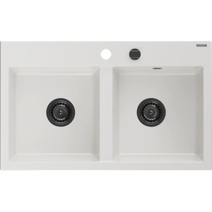Mexen Hektor гранитна мивка с 2 камери 800 x 480 mm, бяла, черен сифон - 6521802000-20-B (6521802000-20-B) Мивка за вграждане