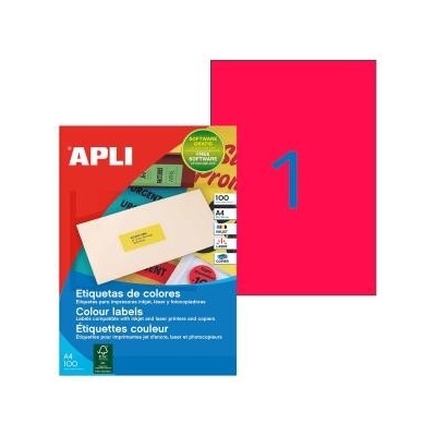 Etikety farebné 210x297mm APLI A4 100 hárkov fluo červené