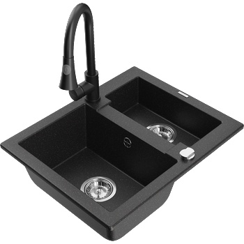 Mexen Carlos гранитна мивка 1, 5-коморна с кухненски смесител Elia, черен/сребрист металик - 6518-73-670101-70 (6518-73-670101-70)
