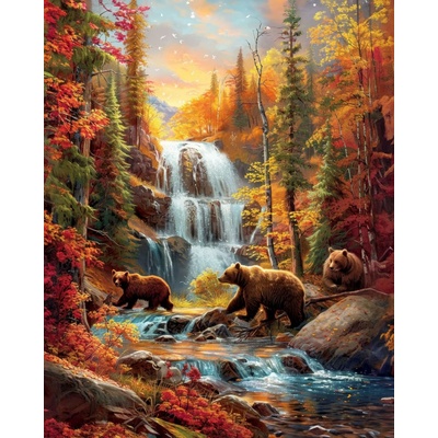 ZUTY Obrazy na stenu - MEDVEĎ S MLÁĎATAMI, RIEKA A STROMY NA JESEŇ Rámovanie: bez rámu a bez vypnutia plátna, Rozmer: 40x50 cm
