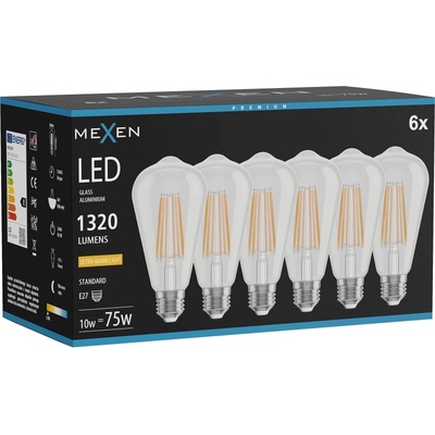 Mexen Vintis 6x LED филаментна крушка E27, ST64, 10W, Топла - 2200K, 1320 lm, чиста (L152-E27-1022-00x06)