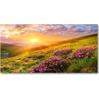 Foto obraz sklo tvrzené Západ slnka hory 100x50 cm