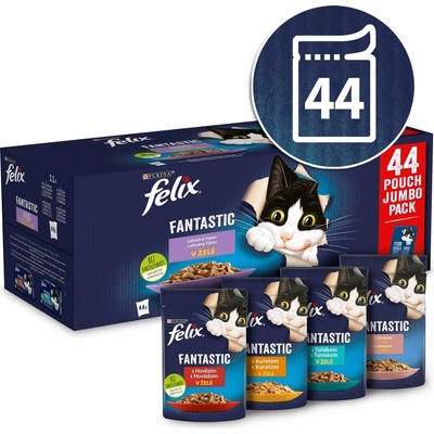 Felix Fantastic s hovězím kuřetem lososem tuňákem v želé 44 x 85 g – Sleviste.cz