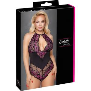 Cottelli Collection Plus Size - боди с цветя - черно-лилаво