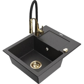 Mexen Enzo еднокамерен гранитен мивка с отцеждачка и кухненски смесител Aster, черно с петна - 6506-76-73450-57-G (6506-76-73450-57-G)